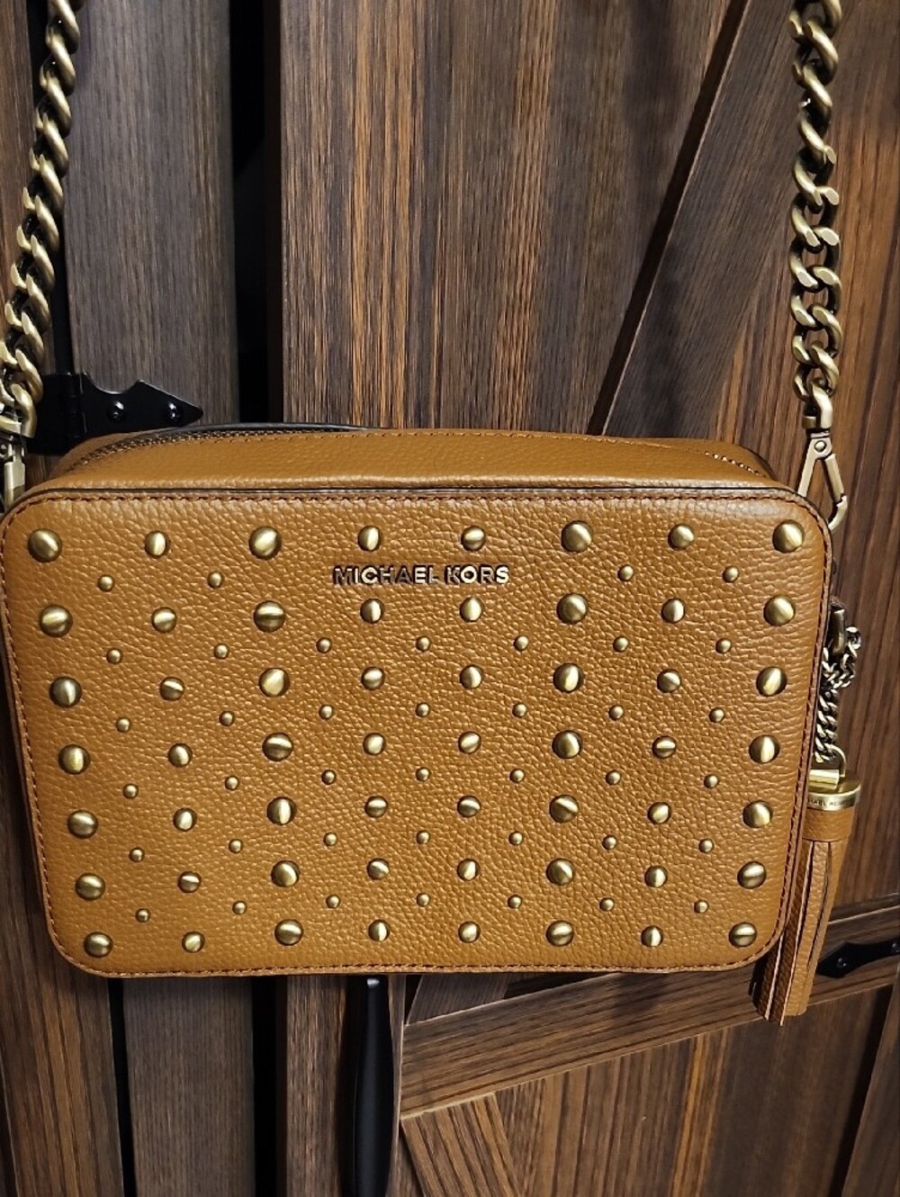 Michael Kors Tan Studded Leather Crossbody with Tassel - Picture 9 of 10